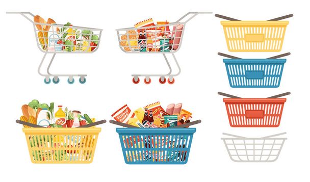Set of shopping carts and baskets with foods vector illustration isolated on white background - Vector, Image