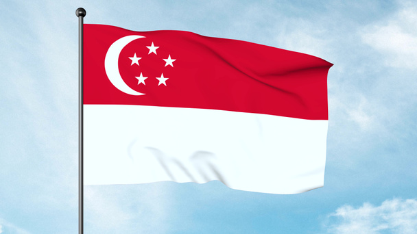 3D Иллюстрация Государственного флага Сингапура, сингапурского флага, горизонтального двухцветного красного над белым, покрытого белым полумесяцем, обращенным к пятиугольнику из пяти маленьких белых пятиконечных звезд. - Фото, изображение
