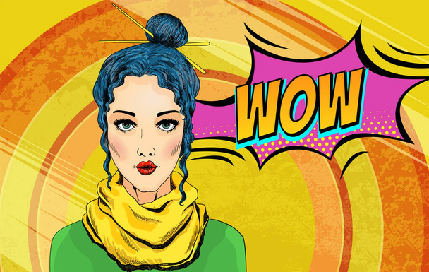Pop art vector girl. Surprised woman, beautiful face with red lips and dotted background. Comic speech bubble wow - ベクター画像