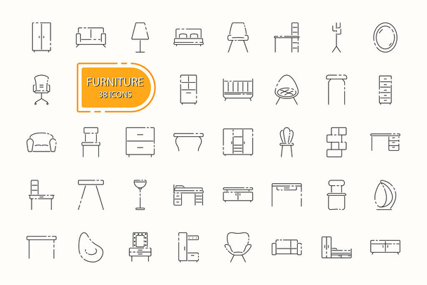 Conjunto de iconos de línea de muebles. Ilustración vectorial para el diseño de publicidad, catálogo, banner, letrero. Concepto de mobiliario - Vector, Imagen