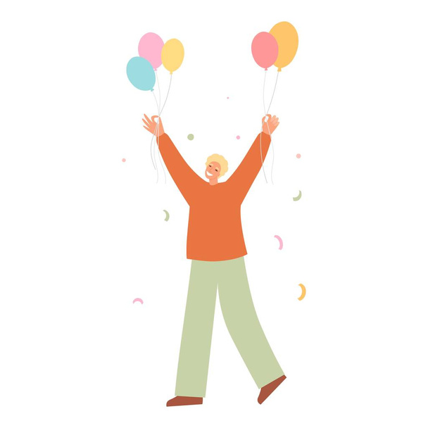 Happy man raising hands celebrating holiday with colorful confetti vector flat illustration. Man hold balloon, gift box having fun with friends isolated. Person with balloons and flag - Vector, Image