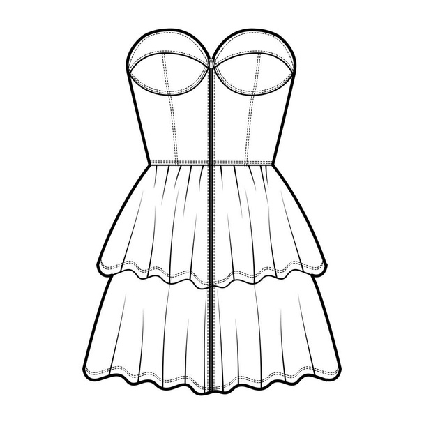 Zip-up bustier dress technical fashion illustration with strapless, fitted body, 2 row mini length ruffle tiered skirt.  - Vector, Imagen