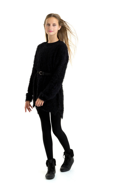 Happy teenage girl in fashionable black outfit - Fotoğraf, Görsel