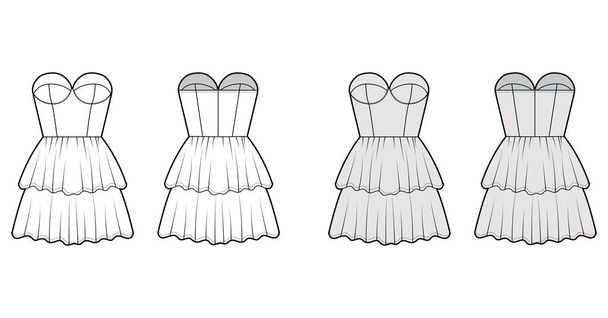 Strapless dress bustier technical fashion illustration with sleeveless, fitted body, 2 row mini length tiered skirt - Vector, Image