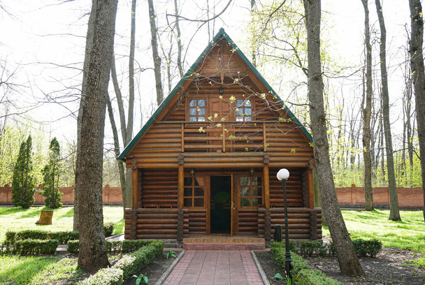 Maison de vacances, chalet en bois dans la forêt au début du printemps avec herbe verte dans la cour arrière et forêt en arrière-plan - Photo, image