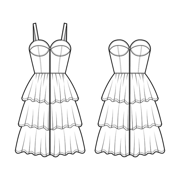 Conjunto de vestidos Zip-up ganga bustier ilustração de moda técnica com mangas, strapless, joelho mini comprimento ruffle - Vetor, Imagem