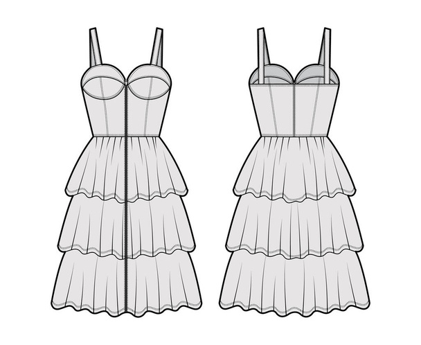 Fermuarlı büstiyer elbise teknik moda illüstrasyonu kolsuz, üzerine oturan vücut, 3 sıra dizli fırfırlı etek - Vektör, Görsel