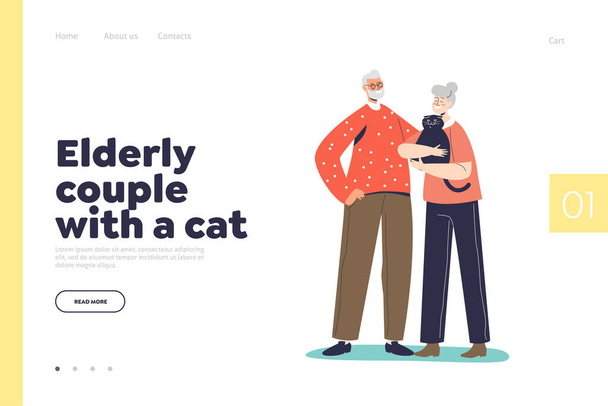 Ηλικιωμένο ζευγάρι με γάτα έννοια της σελίδας προορισμού με ηλικιωμένους άνδρες και γυναίκες αγκαλιάζει κατοικίδιο ζώο - Διάνυσμα, εικόνα