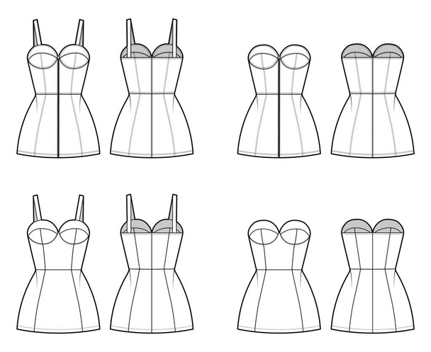 Conjunto de vestidos tubo Zip-up ilustración técnica de moda con bustier, sin mangas, sin tirantes, cuerpo ajustado, mini longitud  - Vector, imagen