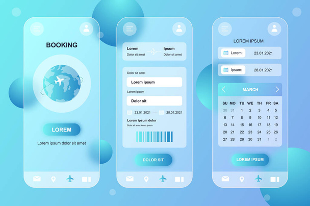 Travel booking neumorphic elements kit for mobile app. Airplane ticket buying, reservation, trip dates calendar. UI, UX, GUI screens set. Vector illustration of templates in glassmorphic design - ベクター画像