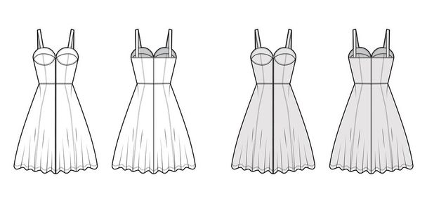 Zip-up šaty džínové bustier technické módní ilustrace s rukávem, montované tělo, kolena A-line sukně. Flat - Vektor, obrázek