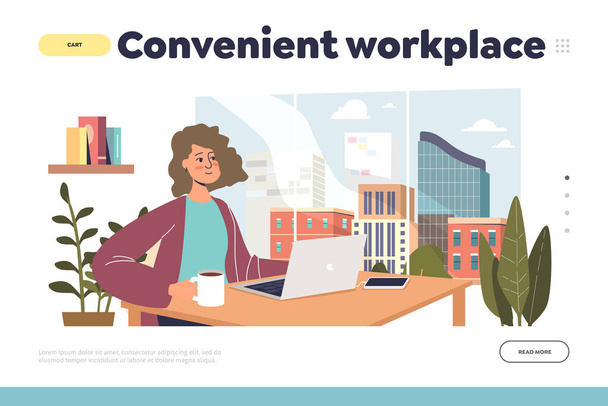 Convenient workplace concept of landing page with freelancer girl work from home - Vector, Image