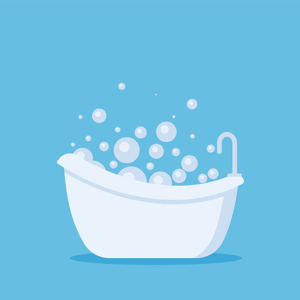 Белая ванна в ванной. Винтажная ванна и мыльные пузыри на синем фоне, иллюстрация. eps 10 - Вектор,изображение