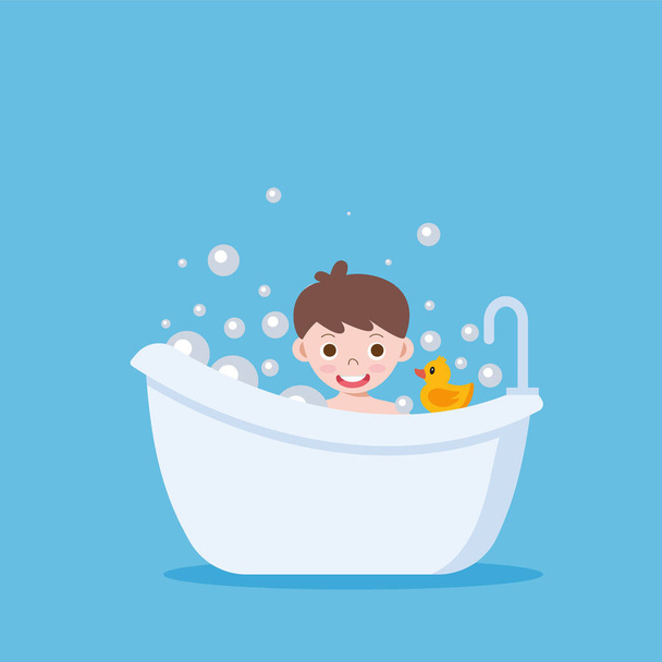 Baignoire blanche dans les salles de bains avec un garçon souriant. Bain vintage et bulles de mousse de savon sur fond bleu, illustration. eps 10 - Vecteur, image