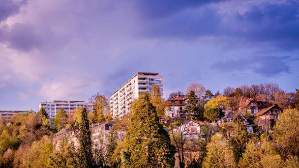 Panoramatický výhled na vysoké budovy a domy obklopené stromy. Lausanne, Švýcarsko. Cityscape. - Fotografie, Obrázek