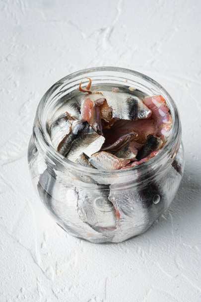 Pickled Anchovy set, in glass jar, on white background - Foto, imagen
