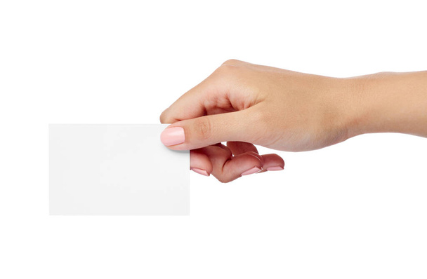 close up of  a female hand holding blank note card sign on white background - Photo, Image