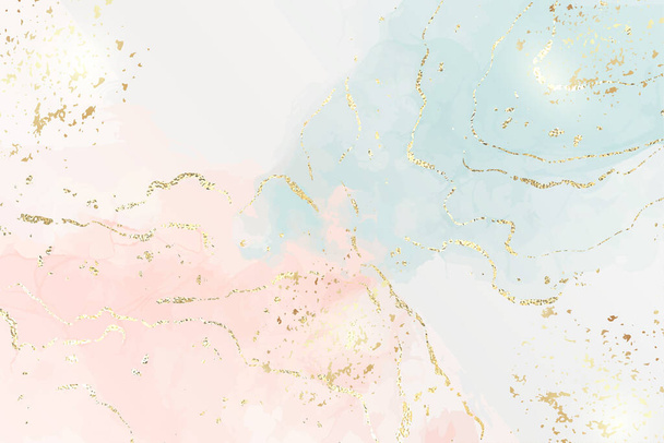 Αφηρημένη δύο χρωματιστά ροζ και μπλε υγρό μάρμαρο φόντο με χρυσό φύλλο υφή ρίγες και glitter σκόνη. Παστέλ μαρμαροειδές αποτέλεσμα σχέδιο ακουαρέλα. Εικονογράφηση διάνυσμα φόντο με χρυσό πιτσιλιές - Διάνυσμα, εικόνα