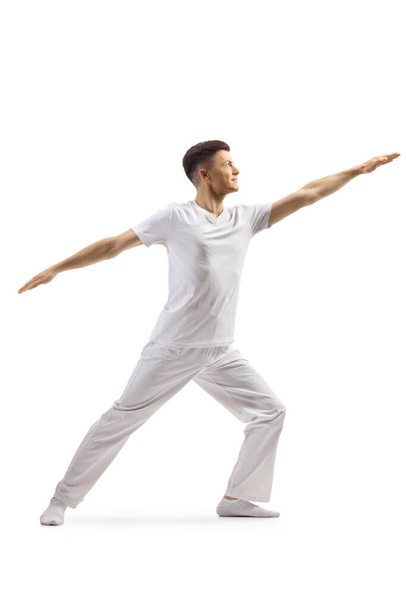 Male artist performing modern ballet dance isolated on white background - 写真・画像