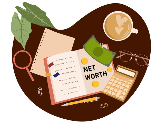 net worth concept note on book around money coffee spectacles calculator with cartoon flat style - Vector, Image
