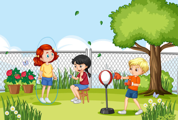 Outdoor scene with many children doing different activities illustration - Vector, Image