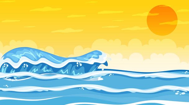 海の波のイラストと日没シーンでのビーチの風景 - ベクター画像