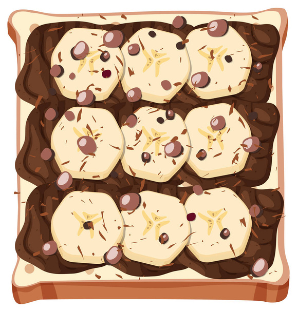 Bovenaanzicht van brood met banaan en chocolade topping illustratie - Vector, afbeelding