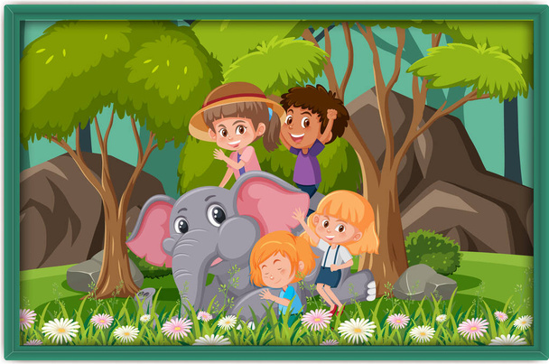 Glückliche Kinder spielen mit Elefanten Foto in einem Rahmen Illustration - Vektor, Bild