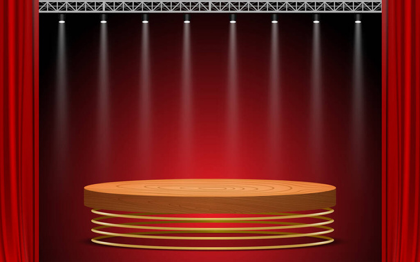 ξύλινο βάθρο και προβολέας με κόκκινη κουρτίνα στη σκηνή - Διάνυσμα, εικόνα