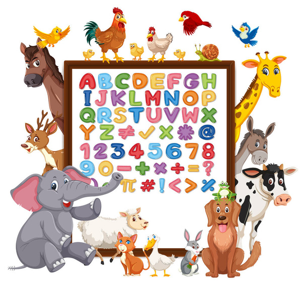 Alfabeto A-Z e simboli matematici su una tavola con animali selvatici illustrazione - Vettoriali, immagini