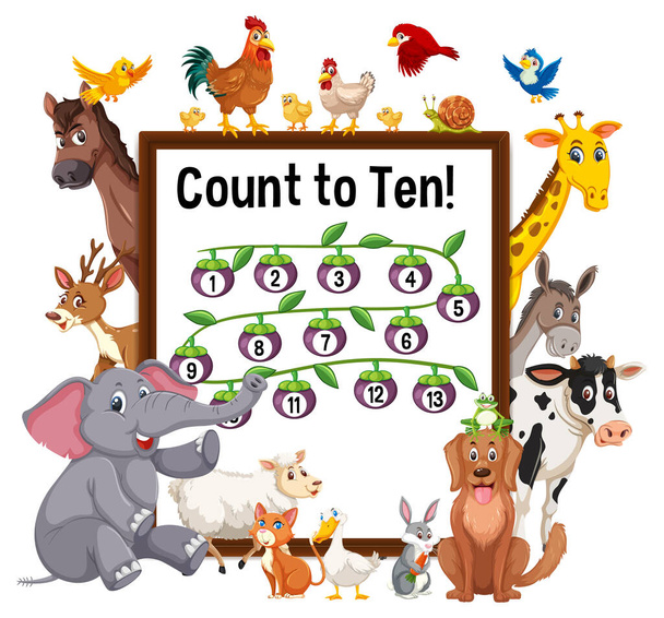 Count to ten board with wild animals illustration - Vector, Image