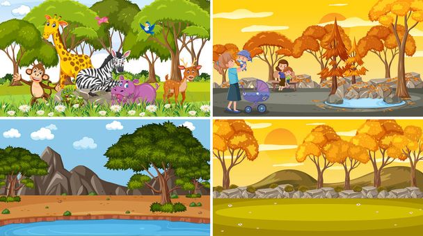 Набір різних сцен природи фон в ілюстрації мультфільмів
 - Вектор, зображення