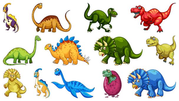 Diversi dinosauri personaggio dei cartoni animati e draghi fantasy illustrazione isolata - Vettoriali, immagini