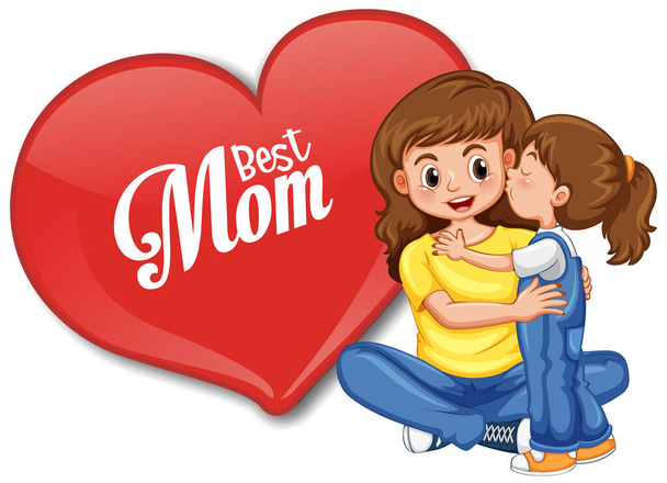 Best mom font in a big heart with mom hugging her child illustration - Vector, Image