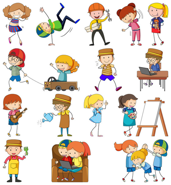 Set of different doodle kids cartoon character isolated illustration - Vector, Image