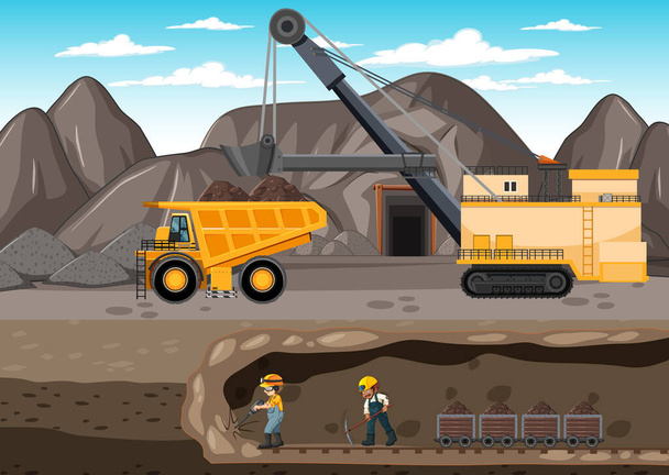 Landschaft des Kohlebergbaus mit Illustration der unterirdischen Szene - Vektor, Bild