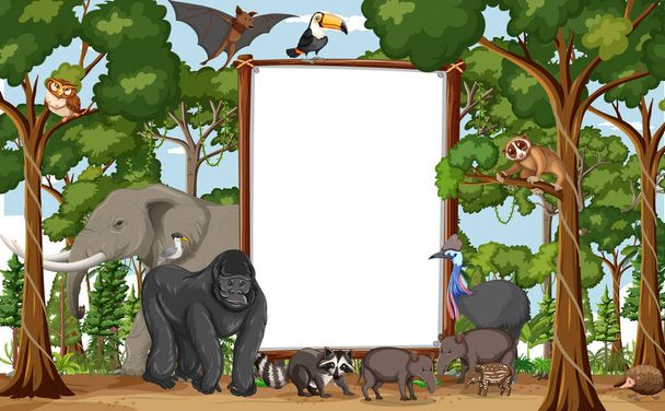 Чистое знамя в сцене тропических лесов с иллюстрацией диких животных - Вектор,изображение