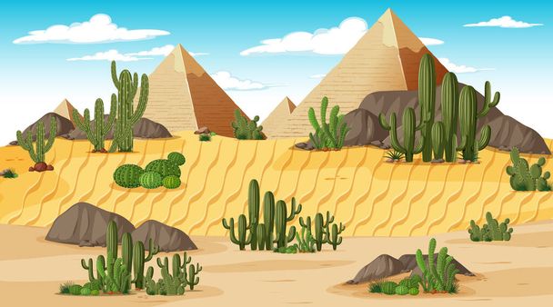 Paisagem da floresta do deserto na cena do dia com a ilustração Pirâmide de Gizé - Vetor, Imagem