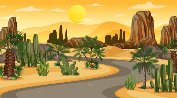 Длинная дорога через пустынный лесной ландшафт на фоне заката - Вектор,изображение