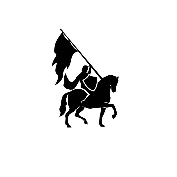 中世の騎馬騎士の兵士/パラディンは、鎧に身を包んだ彼の馬のロゴアイコンデザインフラットベクトルテンプレートイラストのシルエット白の背景と剣と空飛ぶクローク黒ベクトル - ベクター画像