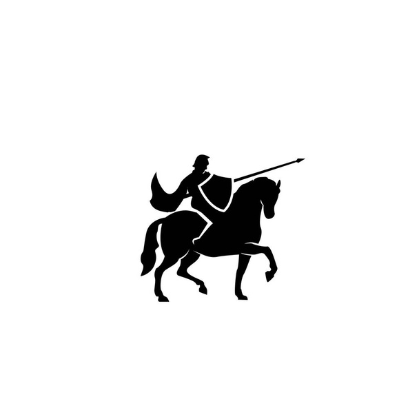 mittelalterliche Pferd Ritter Soldat / Paladin in Rüstung gekleidet zieht in den Krieg mit seinem Pferd Logo Symbol Design flache Vektor Vorlage Illustration Silhouette weißer Hintergrund mit Schwert und fliegendem Mantel schwarzer Vektor - Vektor, Bild