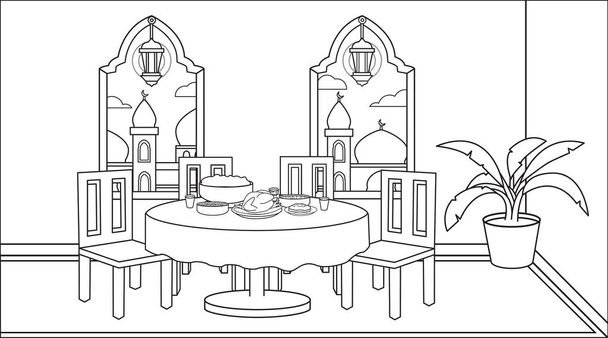 Ιστορικό μουσουλμανική οικογένεια θρησκευτικό στην τραπεζαρία, ενώ iftar κόμμα, και πολύ φαγητό.Ramadan lantern μουσουλμάνος με διακοσμητικά φυτά.. - Διάνυσμα, εικόνα
