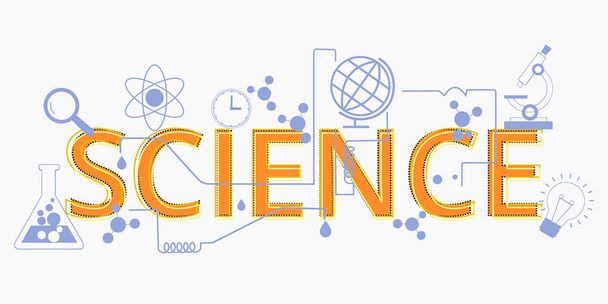 Science lettering flat line design with scientific icons and elements for book cover, report header, presentation,illustration, infographics. and illustration graphic design scientific. - Vector, Image