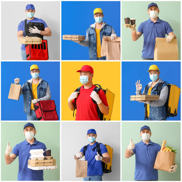 Courriers masculins dans des masques médicaux sur fond de couleur. Service de livraison pendant l'épidémie de coronavirus - Photo, image