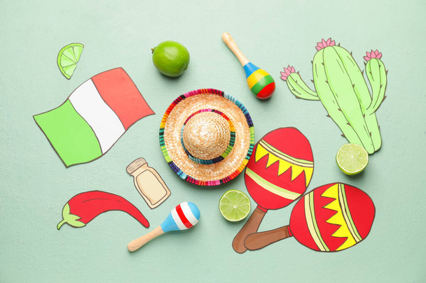 Komposition mit gezeichneten Symbolen Mexikos auf farbigem Hintergrund - Foto, Bild