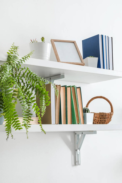 Shelf with books and plant hanging on light wall - Zdjęcie, obraz