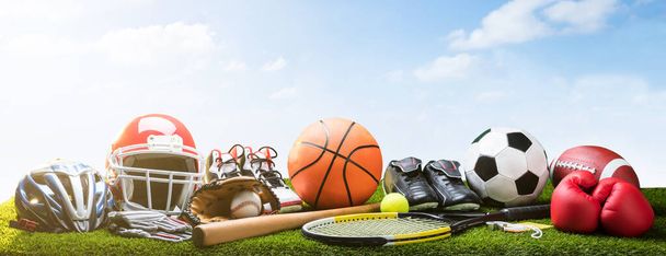 Various Sport Equipment And Balls On Grass - Foto, immagini
