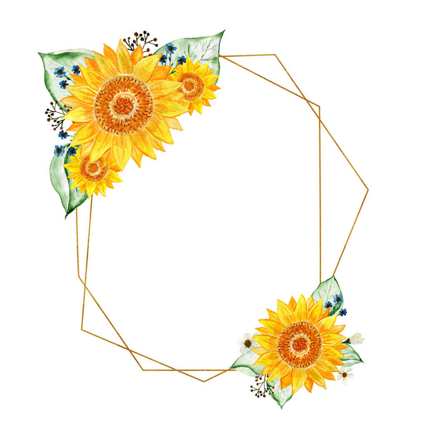 Gold frames with elements of sunflowers and leaves. Bouquet of sunflowers. Watercolor flower arrangement. Illustration for invitations and postcards. - 写真・画像