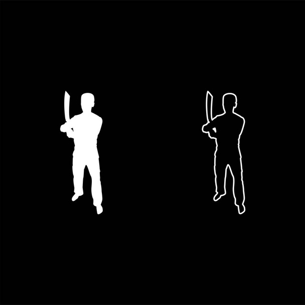 Man with sword machete Cold weapons in hand military man Soldier Serviceman in various positions Hunter with knife Fight poses Strong defender Warrior concept Weaponry Standing silhouette white color vector illustration solid outline style simple ima - Vector, Image