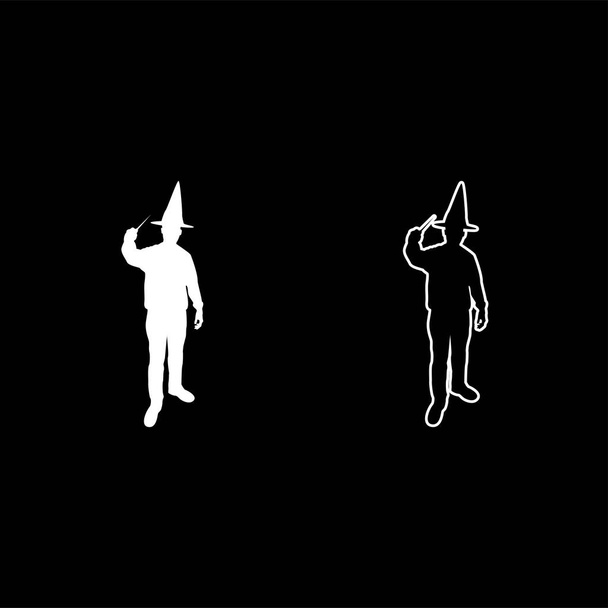 Wizard holds magic wand trick Waving Sorcery concept Magician Sorcerer Fantasy person Warlock man in bata with magical stick Witchcraft in hat mantle Mage conjure Mystery idea Enchantment silhouette white color vector illustration solid outline style - Vector, imagen